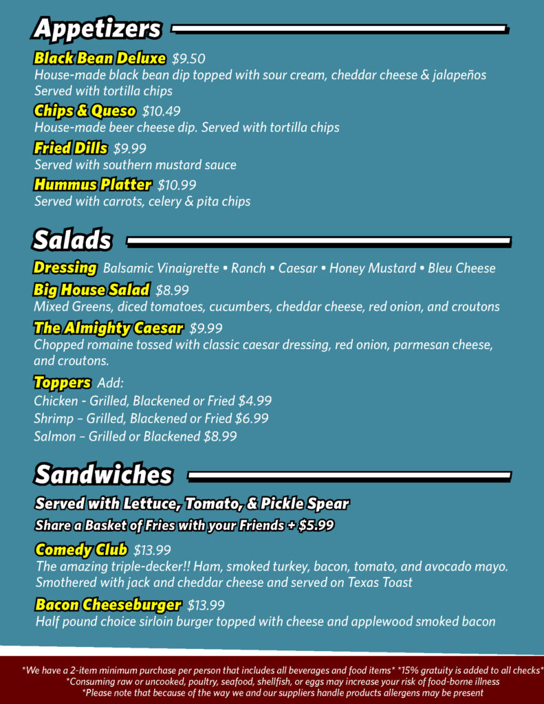 Food Drink Menu Omaha Funny Bone Comedy Club Restaurant